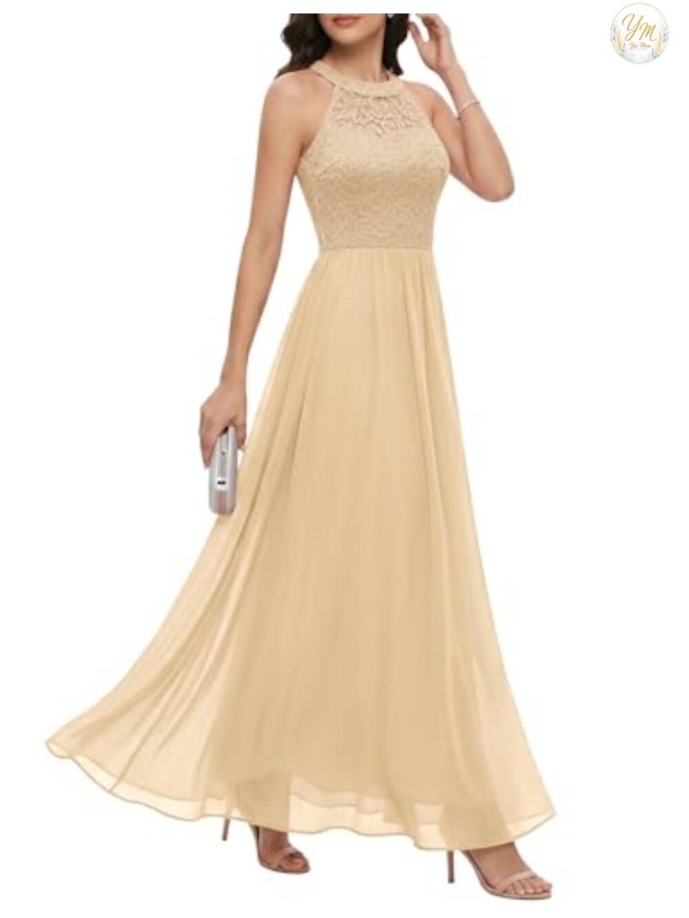 Halter Long Prom Dress Floral Lace Chiffon A-Line Bridesmaid Formal Gown